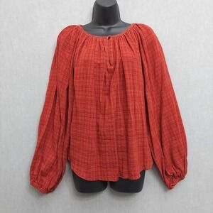 a.n.a. Peasant Top Women L Rust Western‎ Boho Balloon Sleeve Slub Plaid Keyhole